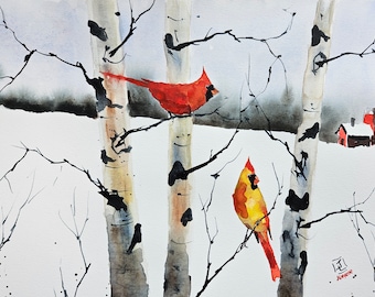 Cardinal Print, watercolor print, Bird print, cardinal art, animal prints, birch tree art, birch tree prints, prints, cardinal birds