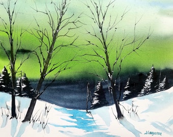 Aurora Borealis, landscape watercolor, original landscape painting, landscape painting,  aurora borealis landscape, watercolor landscape