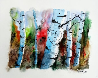 Custom Initial Birch Tree Painting, Birch Tree Art, initials painted into tree.