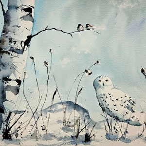 Snow owl Print, owl prints, animal art, bird painting, animals, watercolor print, birch tree print, wall art, animal wall art, prints,