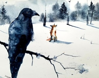 The Fox and the Crow, Print, Watercolor Print. nursery art, kid&#39;s room art, Fox Print, painting, Watercolor Print, Animal Prints