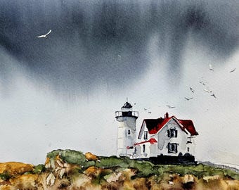 Lighthouse Original painting Watercolor, Lighthouse Painting, lighthouse, Pinetreeart, Maine harbor, landscape, painting, Maine
