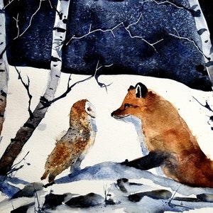 Owl and Fox print, landscape print, original art, winter art, painting, snow painting, Limited Prints , jim lagasse, maine artist, fox