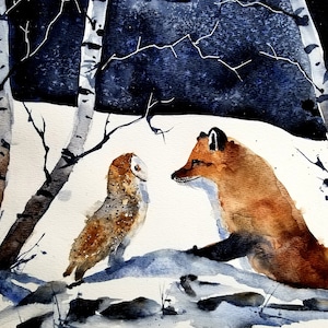 Owl and Fox print, landscape print, original art, winter art, painting, snow painting, Limited Prints , jim lagasse, maine artist, fox