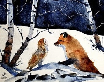 Owl and Fox print, landscape print, original art, winter art, painting, Print, Limited Prints , jim lagasse, maine artist, fox 8 x 10"