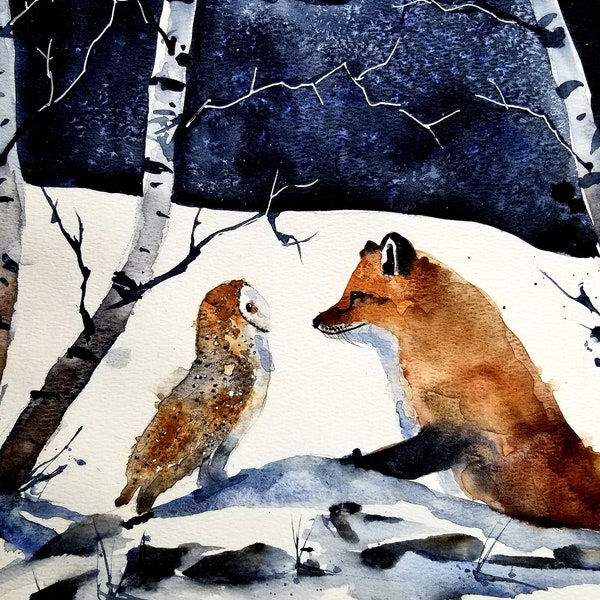 Eule und Fuchs Druck, Landschaftsdruck, originale Kunst, Winterkunst, Malerei, Schneemalerei, limitierte Drucke, jim lagasse, maine artist, Fuchs