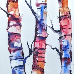 Watercolor landscape painting, landscape, watercolor painting, birch tree painting, watercolor, birch tree original