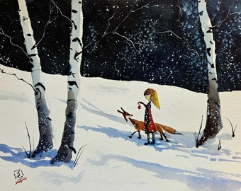 The Mystery Apple painting, Original watercolor painting, Fox painting, birch tree landscape, winter art,children's book art, kid's room art
