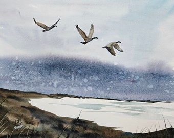 Watercolor Original Painting, Canada Goose, painting, Landscape, Wall art, home decor, watercolor painting, Jim Lagasse, Maine artist