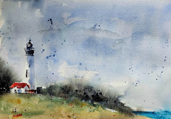 灯台オリジナル絵画水彩画、灯台の絵画、水彩画灯台、パイン