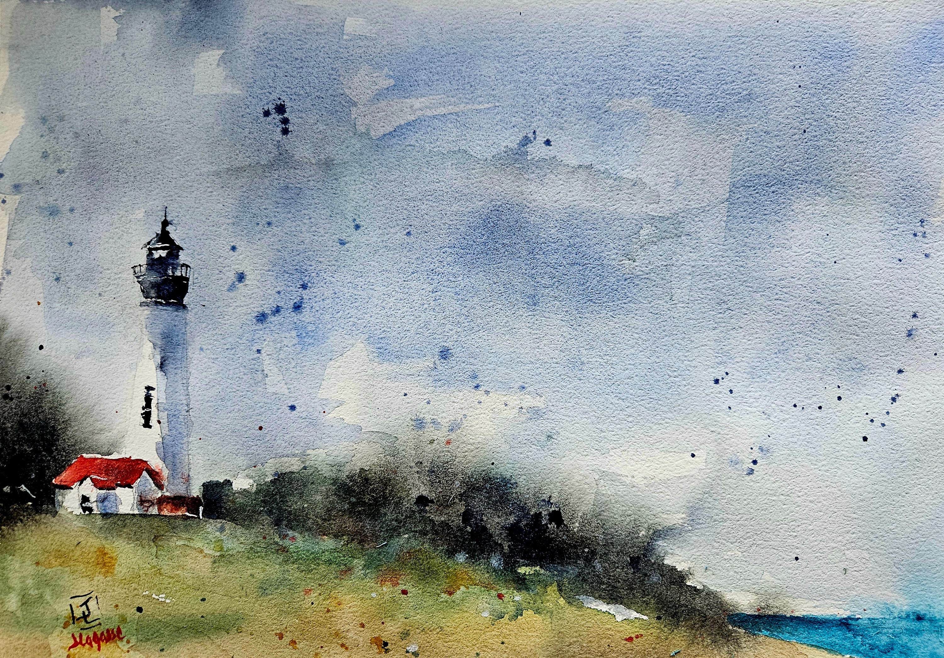 Tino Stefanoni 灯台の風景 絵画 灯台オリジナル絵画水彩画、灯台の絵画、水彩画灯台、パイン