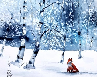 ACEO Print Aceo Limited Edition Art Card Watercolor Painting Landscape Painting Collectible Art Miniature Art Unframed Art, fox print