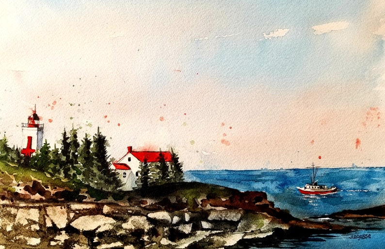 Lighthouse Original Painting Watercolor, Lighthouse Painting ...