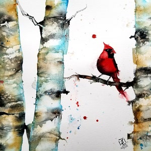 Aquarell Druck, Kardinal Druck, Tierdrucke, Limitierte Drucke, Vogel Kunst, Tierkunst, Wandkunst, Kardinäle, Birkenbaumdrucke, Birke