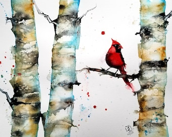 Watercolor Print, Cardinal Print, Animal Prints, Limited Edition Prints, Bird art, animal art, wall art, Cardinals, Birch tree prints, Birch