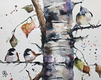 Chickadee Print, nursery prints, original art, wall art, Bird painting, Maine bird, chickadee original prints, Bird prints, birch tree