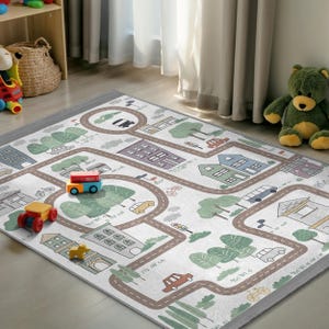 City Road Map Playroom Kids Rug - Town Street Traffic Nursery Carpet - Green Gray Urban Toddler Mat-Children's Pretend Play Activity Playmat