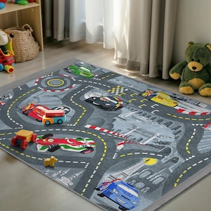 Racing Car Track Kids Room Rug - Colorful Vehicle Roadmap Carpet - Gray City Streets Playroom Mat-Interactive Racing Circuit Toddler Playmat