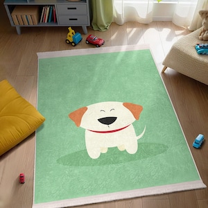 Cute Cartoon Puppy Kids Room Rug - Smiling Dog Design Nursery Carpet - Green  Playmat for Children Bedroom -Adorable Happy Puppy Toddler Mat