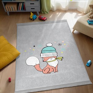 Cute Fox Winter Hat Nursery Carpet - Whimsical Fox Cartoon Runner - Gray Playful Animal Kids Room Rug - Woodland Baby Room Decor Toddler Mat