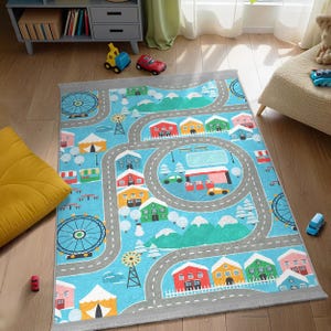 City Road Play Map Kids Room Rug - Town Transport Vehicles Pattern Runner -Blue Colorful Child Carpet Playmat-Town Railway Train Nursery Mat