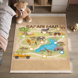 Safari Map Animal Kids Room Rug -Jungle African Wildlife Nursery Carpet-Beige Play Area Toddler Mat-Educational Game Board Baby Room Playmat