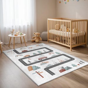 Road Map Adventure Kids Room Rug - Grey Street Pattern Nursery Carpet - Woodland Nature Playmat - White Background Playful Baby Room Rug