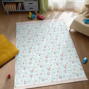Cute Strawberry Animal Pattern Kids Room Rug-Kawaii Cartoon Design-Mint Green Playmat For Children Bedroom-Sweet Teddy Bear Nursery Carpet