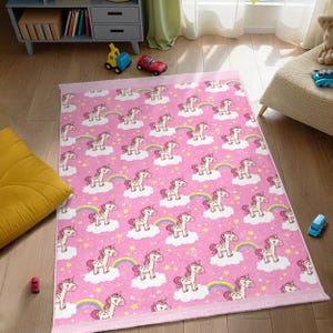Pink Unicorn Rainbow Star Kids Room Rug - Cute Magical Cartoon Rug - Fantasy Playmat for Girls -Whimsical Dreamy Nursery Carpet with Cloud
