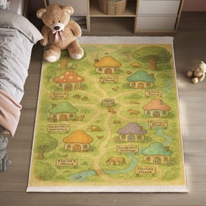 Tappeto con mappa della foresta per la cameretta dei bambini - Tappeto da gioco con villaggio dei cartoni animati - Tappeto da favola - Tappeto con animali della foresta verde - Tappeto con casa a fungo