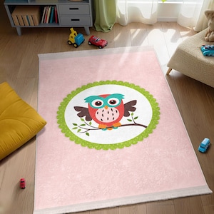 Pink Owl Cartoon Kids Room Rug - Colorful Bird Pattern Nursery Carpet - Green Scalloped Border Playmat - Cozy Woodland Animal Child Room Rug