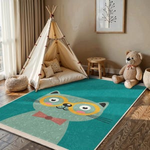 Nerdy Cat Turquoise Kids Room Rug - Cute Glasses Bow Mat - Yellow Round Spectacles Playroom Carpet - Adorable Feline Whimsical Nursery Mat