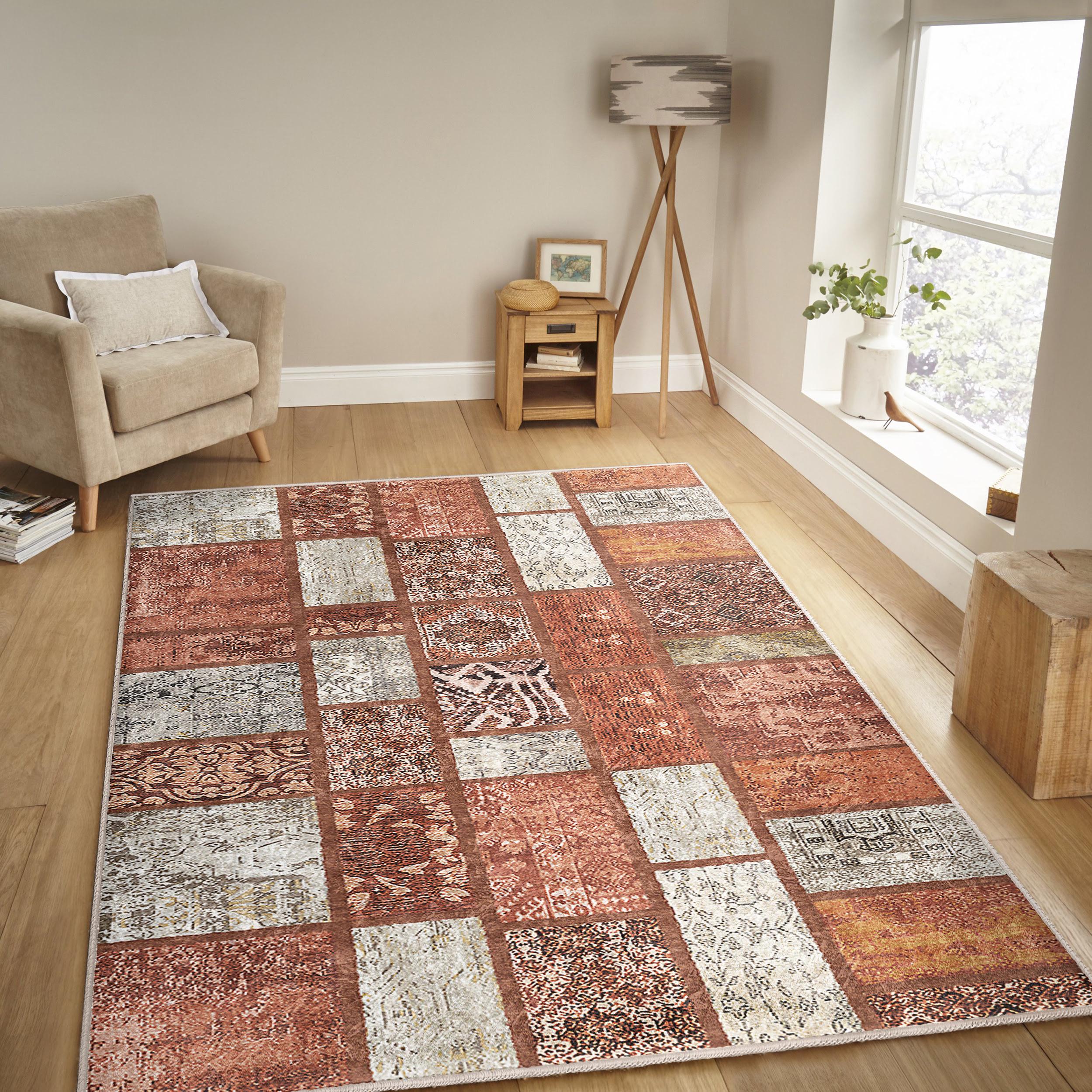 Waschbarer Boho Teppich – Vintage Blumenmuster – Für Wohnzimmer & Schlafzimmer – Rutschfest
