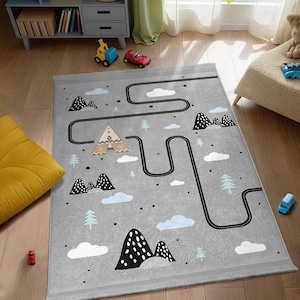 Road Adventure Driving Playmat Kids Room Rug - Mountain Highway Track Carpet - Gray Map Toddler Mat-Cute Camping Teepee Race Track  Area Rug