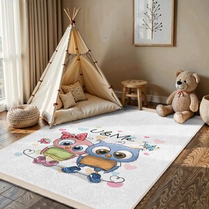 Cute Cartoon Owls Kids Room Rug - Blue Pink Adorable Design Runner - Colorful Animal Nursery Carpet - Modern Playful Toddler Mat