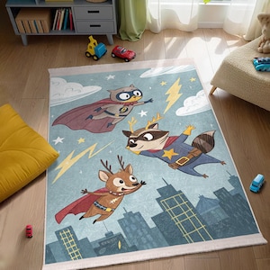 Tappeto per cameretta bambini con animali supereroi - Tappeto con amici volanti dei cartoni animati - Tappeto lavabile Cityscape - Tappetino antiscivolo con fulmine - Tappeto per il tempo libero blu
