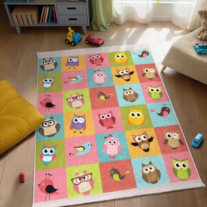Owl Bird Kids Room Rug -Animal Grid Nursery Carpet-Cute Playful Multi-Color Pink Blue Green Orange Toddler Mat-Educational Fun Baby Room Rug