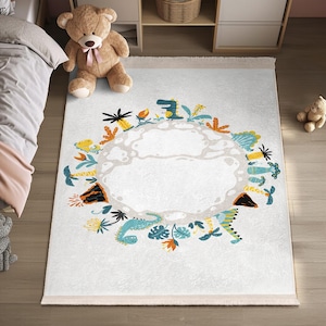 Dinosaur Themed Circle Border Kids Room Rug - Tropical Jungle Dino Pattern Runner - White Cartoon Dinosaur Playmat for Children Room
