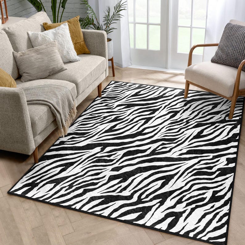 Bold Zebra Print Area Rug - Black & White Animal Pattern Washable ...
