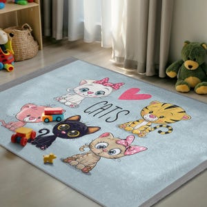 Cute Cartoon Cats Kids Room Rug - Colorful Animal Friends Nursery Carpet - Light Blue Pink Tiger Playmat - Kitty Characters Child Room Rug