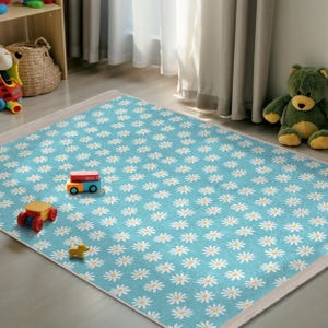 Turquoise Daisy Flower Kids Room Rug - Floral Pattern Nursery Carpet - Light Blue Playful Toddler Mat - Cheerful Geometric Child Room Rug