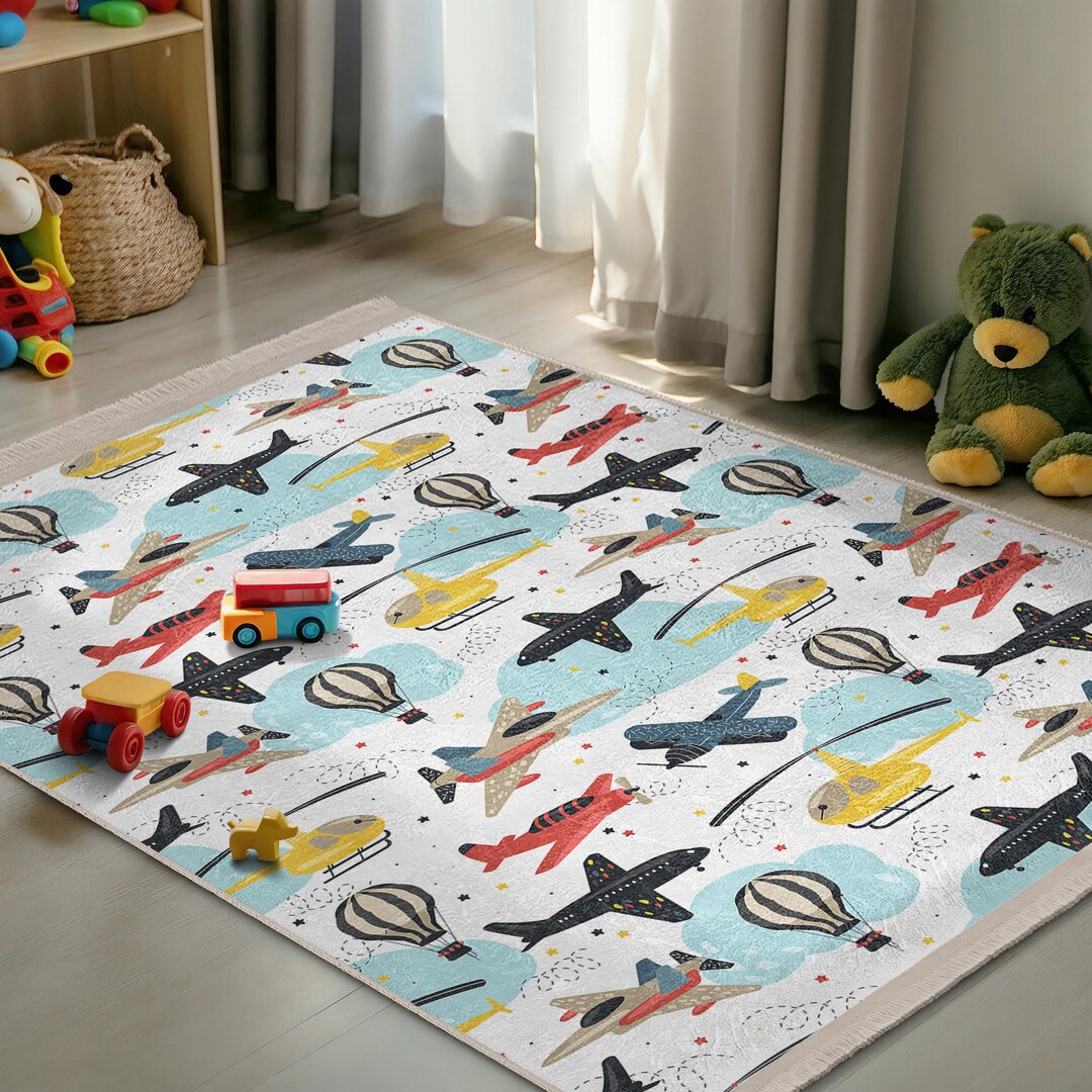 Flight Line Rug Airplane Helicopter Aviation Rug - Balloon Air Transport Nursery Carpet ...