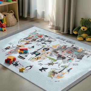 Animal World Map Kid Room Rug -Safari Nursery Carpet-Light Blue Playmat with Jungle Zoo Animals-Educational Toddler Mat for Bedroom Playroom