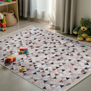 Geometric Triangle Kids Room Rug - Modern Minimalist Nursery Carpet - Beige Navy Brown Triangles Playmat - Contemporary Scandinavian Rug