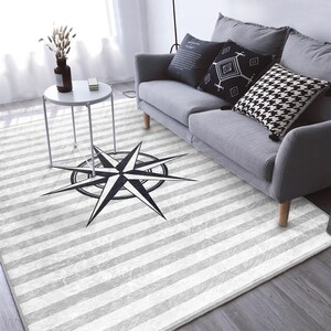 Nautisch kompastapijt - wasbaar tapijt kustthema - gestreepte antislipmat - decoratief tapijt in maritieme stijl voor woonkamer - moderne loper