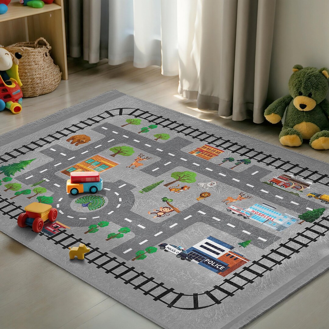 Transportation Rug City Road Map Roundabout Kids Room Rug - Train Railway Track Carpet ...