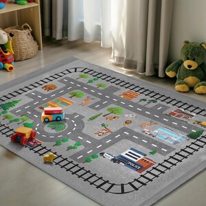 City Road Map Roundabout Kids Room Rug - Train Railway Track Carpet -Gray Play City Transportation Playmat-Educational Traffic Baby Room Rug