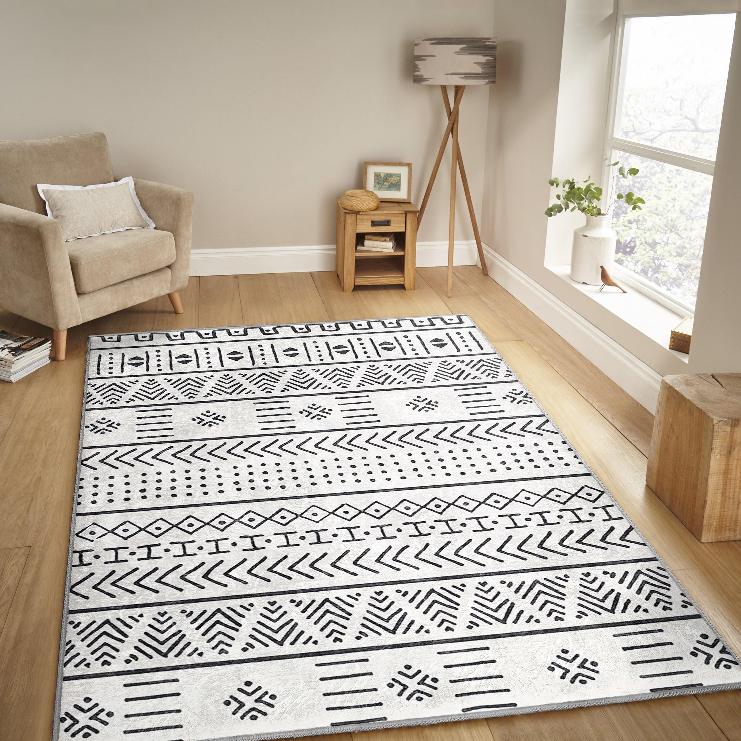 ボヘミアンスタイル ラグ 白黒 幾何学模様 ジュート ホワイト ブラック