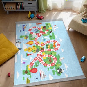 World Map Game Board Kids Room Rug -Colorful Island Counting Path Mat-Blue Ocean Adventure Playmat-Educational Number Pathway Nursery Carpet