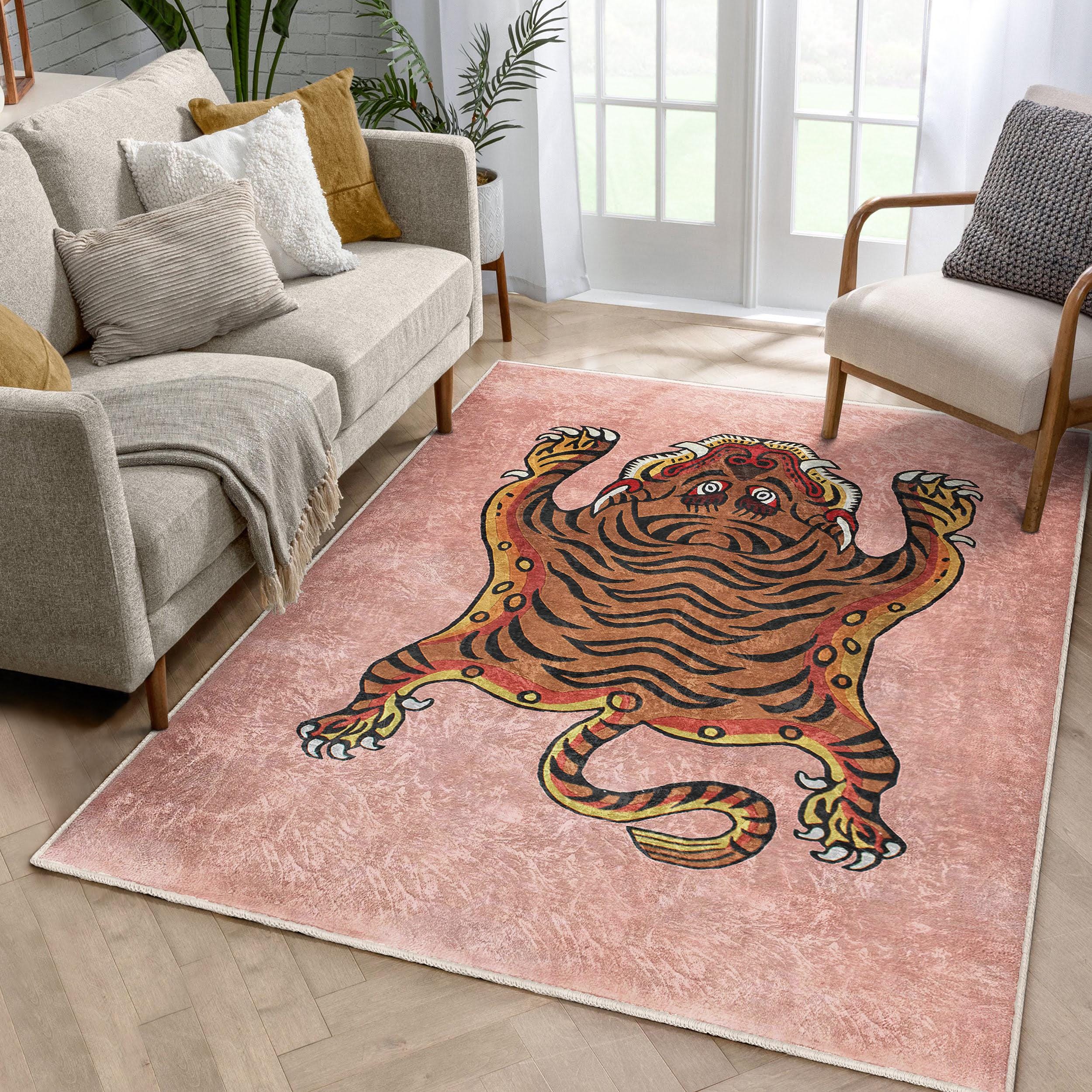 Pink Tiger Motif Area Rug - Vibrant Animal Print Carpet - Eclectic